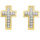0.10 Carat (ctw) 10k Yellow Gold White Diamond Ladies Micro Pave Cross Earrings