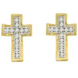 0.10 Carat (ctw) 10k Yellow Gold White Diamond Ladies Micro Pave Cross Earrings