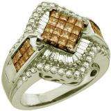 1.50 Carat (ctw) 10k White Gold Round Baguette & Princess Cut White & Champagne Diamond Ladies Invisible Bridal Ring