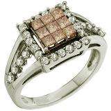 1.00 Carat (ctw) 10k White Gold Round & Princess Cut Champagne & White Diamond Ladies Invisible Engagement Ring