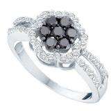 0.83 Carat (ctw) 14k White Gold Round Black & White Diamond Ladies Split Shank Flower Engagement Ring