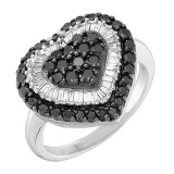 1.20 Carat (ctw) 14k White Gold Round & Baguette Cut Black & White Diamond Ladies Heart Promise Ring