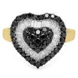 1.20 Carat (ctw) 14k Yellow Gold Round & Baguette Cut Black & White Diamond Ladies Heart Promise Ring