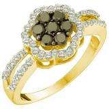 0.83 Carat (ctw) 14k Yellow Gold Round Black & White Diamond Ladies Split Shank Flower Engagement Ring