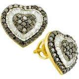 1.50 Carat (ctw) 14k Yellow Gold Round & Baguette Cut Black & White Diamond Ladies Fashion Heart Earrings