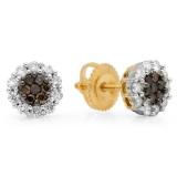 0.50 Carat (ctw) 14K Yellow Gold Round Champagne And White Diamond Ladies Cluster Flower Stud Earrings 1/2 CT