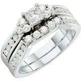 1.00 Carat (ctw) 14k White Gold Round & Princess Cut White Diamond Ladies Bridal Engagement Ring Set