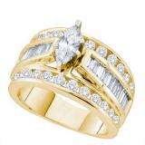 2.00 Carat (ctw) 14k Yellow Gold Round Baguette & Marquise Cut White Diamond Ladies Bridal Engagement Ring 2 CT