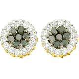 1.48 Carat (ctw) 14k Yellow Gold Round Black & White Diamond Ladies Cluster Flower Earrings
