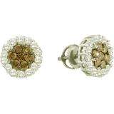 1.53 Carat (ctw) 14k White Gold Round White & Brown Diamond Ladies Cluster Flower Earrings