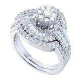 1.24 Carat (ctw) 14k White Gold Round & Baguette Cut White Diamond Ladies Flower Bridal Engagement Ring Set