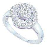 0.75 Carat (ctw) 14k White Gold Round & Baguette White Diamond Ladies Cluster Flower Right Hand Ring