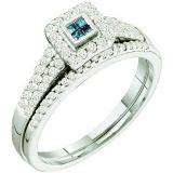 0.53 Carat (ctw) 14k White Gold Blue & White Diamond Ladies Invisible Bridal Engagement Ring Set