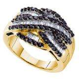 1.18 Carat (ctw) 14k Yellow Gold Round & Baguette Cut Black & White Diamond Ladies Swirl Right Hand Fashion Band