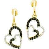 0.50 Carat (ctw) 10k Yellow Gold Round Black & White Diamond Ladies Double Heart Dangling Earrings