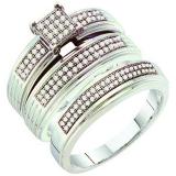 0.40 Carat (ctw) 10k White Gold Brilliant White Diamond Men's & Women's Micro Pave Bridal Engagement Ring Matching Wedding Trio Set