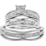 0.30 Carat (ctw) Sterling Silver Brilliant White Diamond Micro Pave Engagement Ring Trio Bridal Set