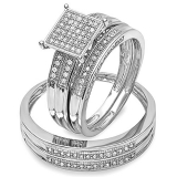 0.25 Carat (ctw) Sterling Silver Round White Diamond Men's & Women's Micro Pave Engagement Ring Trio Bridal Set