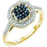 0.25 Carat (ctw) 10k Yellow Gold Blue & White Diamond Ladies Cocktail Right Hand Ring