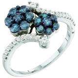 0.75 Carat (ctw) 10k White Gold Round Blue & White Diamond Ladies Split Shank Cluster Flower Ring