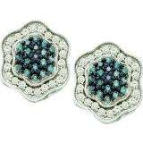 0.75 CT 10k White Gold Blue & White Diamond Cluster Flower Earrings