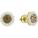 0.76 Carat (ctw) 14k Yellow Gold Round Brown & White Diamond Ladies Flower Cluster Earrings