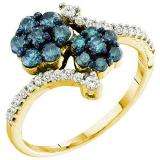 0.75 Carat (ctw) 10k Yellow Gold Round Blue & White Diamond Ladies Split Shank Cluster Flower Ring