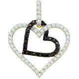 0.51 Carat (ctw) 10k Yellow Gold Round Black & White Diamond Ladies Double Heart Pendant