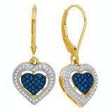 0.40 Carat (ctw) 10K Yellow Gold Round Blue & White Diamond Ladies Dangling Drop Heart Earrings