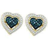 0.40 Carat (ctw) 10k Yellow Gold Round Blue & White Diamond Ladies Heart Shape Earrings