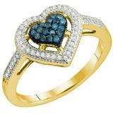 0.25 Carat (ctw) 10k Yellow Gold Blue & White Diamond Ladies Bridal Promise Heart Engagement Ring