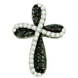 0.97 Carat (ctw) 10k White Gold Round Black & White Diamond Ladies Cross Charm Pendant