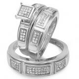0.33 Carat (ctw) Sterling Silver Round White Diamond Men & Womens Micro Pave Engagement Ring Trio Bridal Set