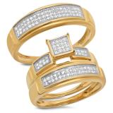 0.33 Carat (ctw) 10K Yellow Gold Round White Diamond Men & Women's Micro Pave Engagement Ring Trio Set 1/3 CT