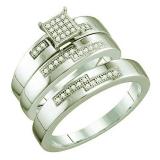0.15 Carat (ctw) 14K White Gold Round White Diamond Men & Women's Micro Pave Engagement Ring Trio Bridal Matching Band Set