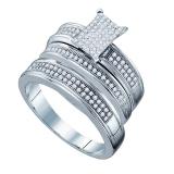 0.42 Carat (ctw) 10k White Gold Round White Diamond Men & Women's Micro Pave Engagement Ring Trio Bridal Set