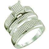 0.63 Carat (ctw) 10k White Gold Round White Diamond Men & Women's Micro Pave Engagement Ring Trio Bridal Set