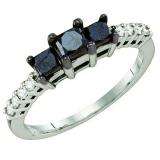 0.98 Carat (ctw) 10k White Gold Black & White Diamond Ladies Three Stone Engagement Ring