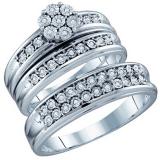 0.12 Carat (ctw) 10k White Gold Brilliant White Diamond Men & Women's Micro Pave Engagement Ring Bridal Trio Set