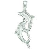 0.07 Carat (ctw) 10k White Gold Brilliant White Diamond Ladies Double Dolphin Pendant