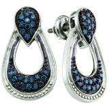 0.68 Carat (ctw) Sterling Silver Round Blue Diamond Ladies Drop Earrings