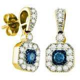 0.66 Carat (ctw) 10k Yellow Gold Round Blue & White Diamond Ladies Drop Fashion Earrings