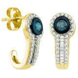 0.65 CT 10k Yellow Gold Round & Baguette Cut Blue & White Diamond Earrings