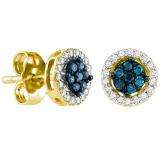 0.25 Carat (ctw) 10k Yellow Gold Blue & White Diamond Ladies Cluster Earrings