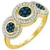 0.51 Carat (ctw) 10k Yellow Gold Round Blue & White Diamond Ladies Cocktail Right Hand Ring