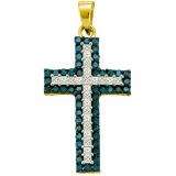 1.15 Carat (ctw) 10k Yellow Gold Round Blue & White Diamond Ladies Micro Pave Cross Pendant