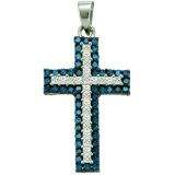 1.15 Carat (ctw) 10k White Gold Round Blue & White Diamond Ladies Micro Pave Cross Pendant