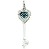 0.10 Carat (ctw) 14k White Gold Blue & White Diamond Ladies Heart Key Pendant