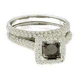 1.25 Carat (ctw) 14k White Gold Princess & Round Cut Black & White Diamond Ladies Halo Bridal Engagement Ring Set With Matching Band