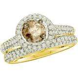 1.23 Carat (ctw) 14k Yellow Gold Round Champagne & White Diamond Ladies Halo Style Bridal Engagement Ring Set